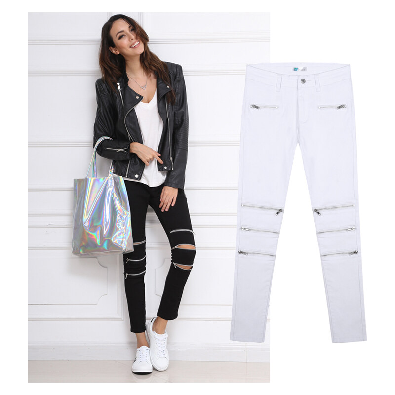 Lesara Skinny-Jeans mit Reißverschluss-Details - M - Weiß