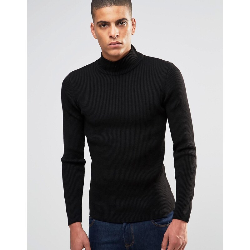 ASOS - Gerippter schwarzer Pullover mit Stehkragen in Muscle Fit - Schwarz