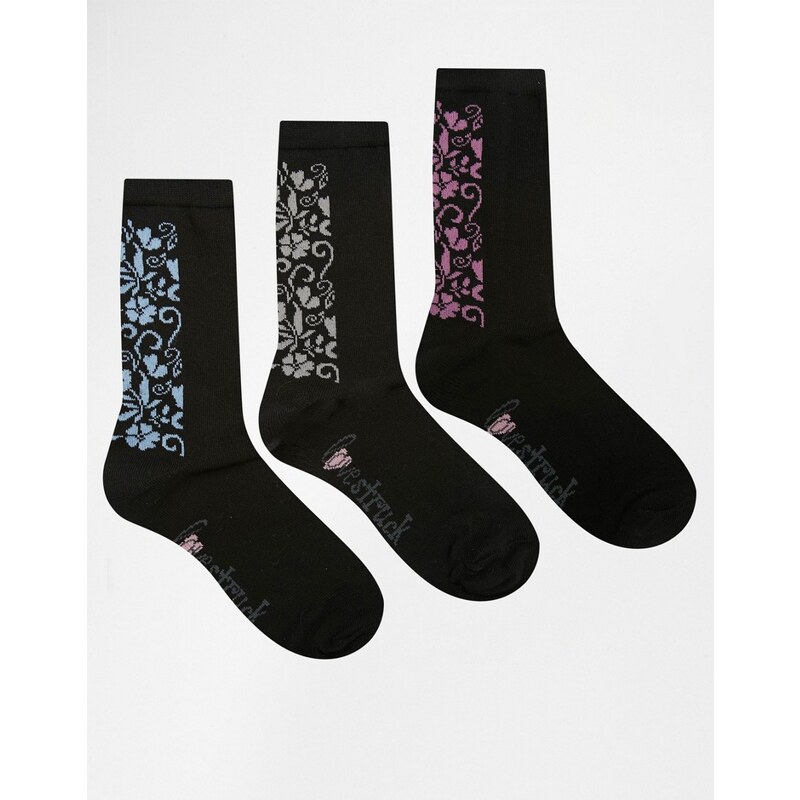 Lovestruck - 3-er Pack schwarz geblümte Socken mit vertikalem Design - Schwarz