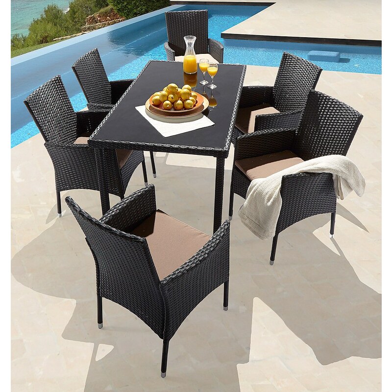 13-tgl. Gartenmöbelset »Caracas«, 6 Sessel, Tisch 140x80 cm, Polyrattan, schwarz