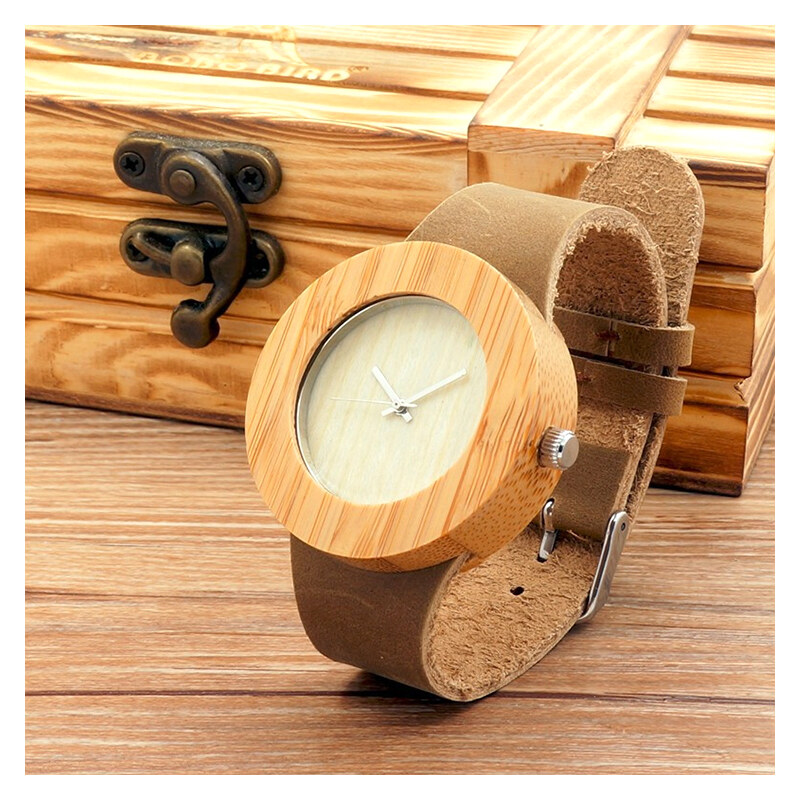 Lesara Leder-Armbanduhr mit Holz-Gehäuse - Beige