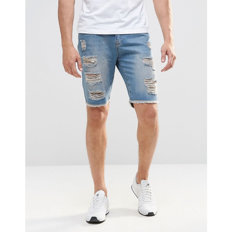 Brooklyn Supply Co - Schmale Jeans-Shorts mit extremen Rissen in mittlerer Waschung - Blau
