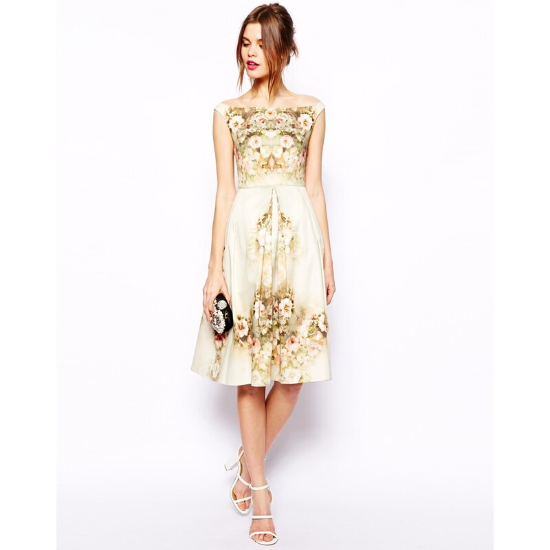 ASOS - Geblümtes Bardot-Kleid im Vintage-Stil - Cremeweiß