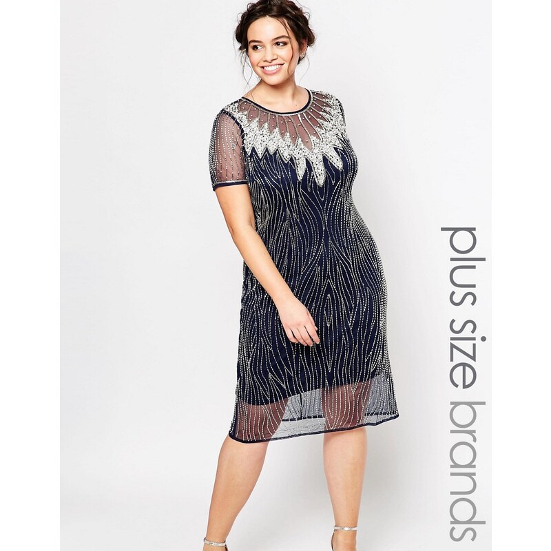 Lovedrobe - Luxe - Verziertes Kleid mit Flügelärmeln, transparenter Oberlage und Schlüssellochausschnitt hinten - Marineblau