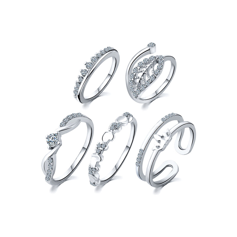 Lesara 5-teiliges Ring-Set mit Strass - Silber