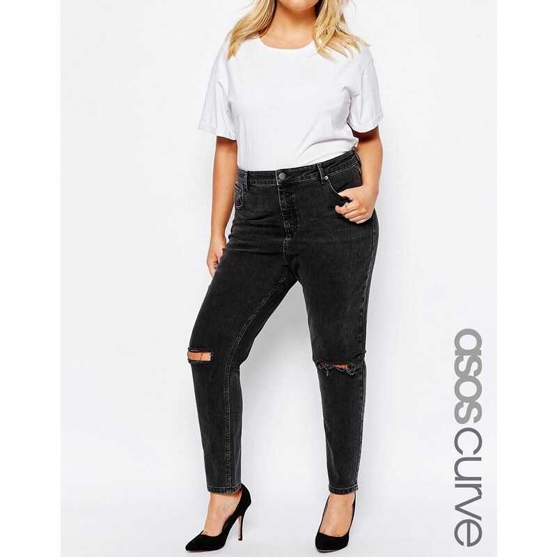 ASOS CURVE - Farleigh - Mom-Jeans mit hohem Bund aus gewaschenem Schwarz mit zerissenem Knie - Schwarz