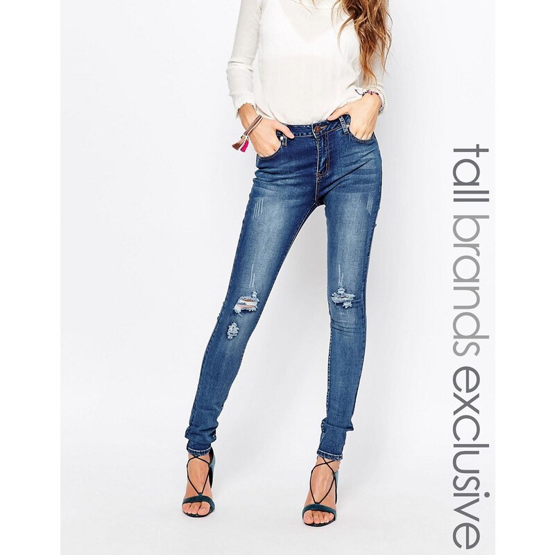 Liquor & Poker Tall - Sehr enge Skinny-Jeans mit mittelhohem Bund und Zierrissen am Knie - Blau