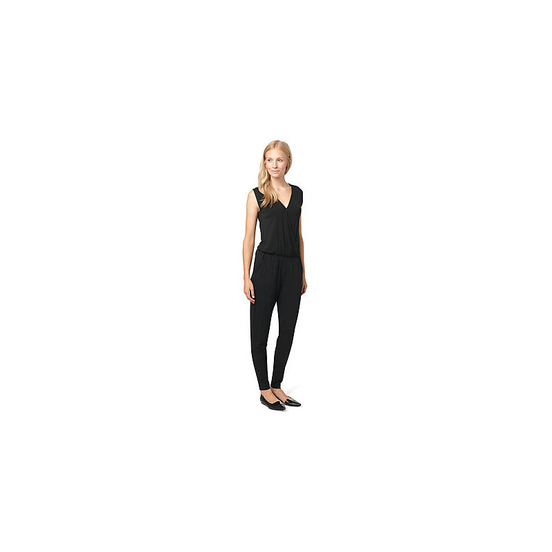 TOM TAILOR overall eleganter Jumpsuit aus Jersey für Frauen (unifarben, ärmellos mit tiefem V-Ausschnitt und kleinem Druckknopf vorne) aus Jersey mit Stretch-Ant