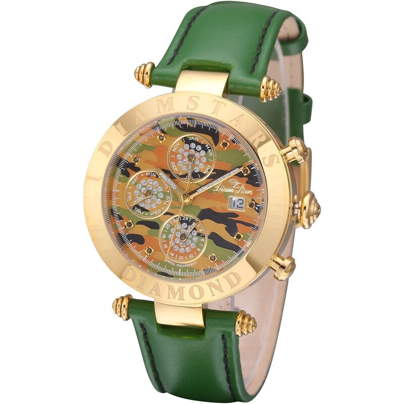 Diamstars Hollywood Militaire - Uhr mit Ledearmband und 9 Diamanten - grün