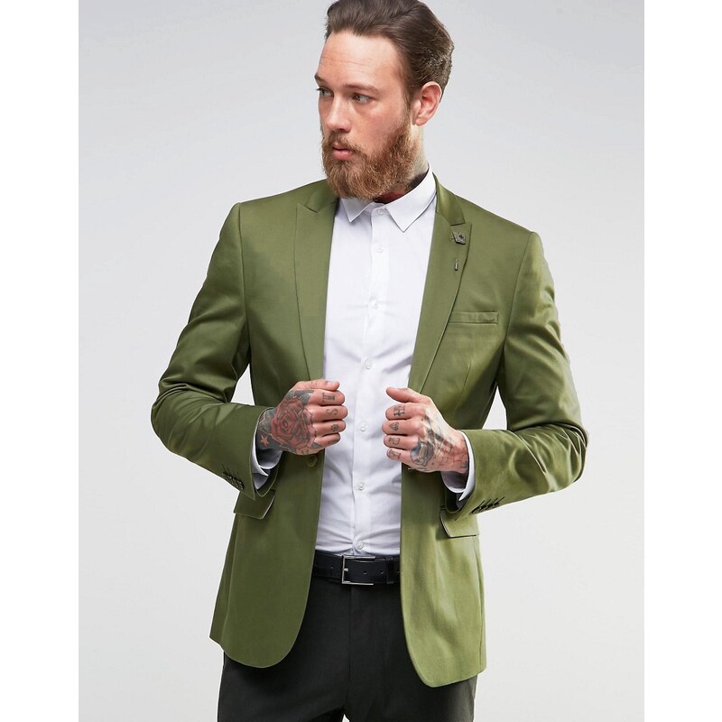 ASOS - Enger Blazer aus Baumwollsatin in hellem Khaki - Grün
