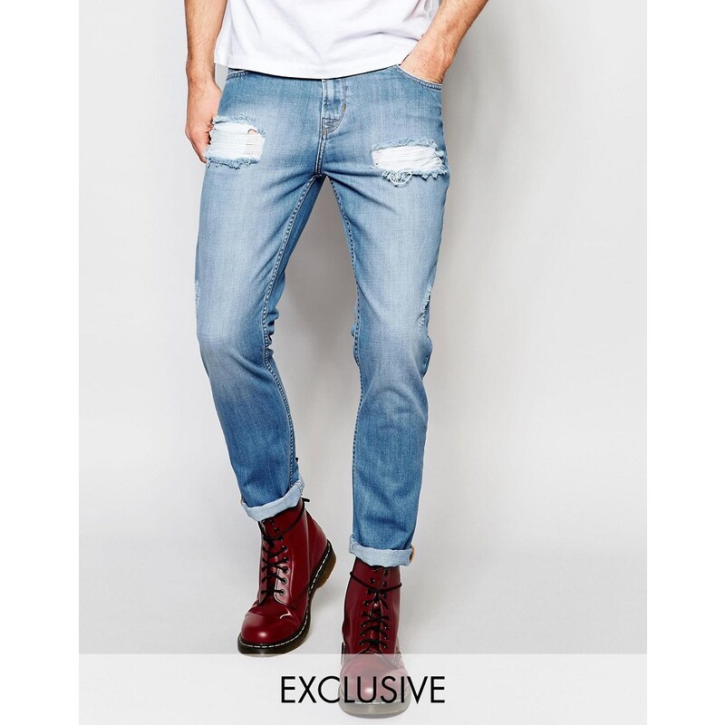 Brooklyn Supply Co - Gerade geschnittene Jeans in extremem Used-Look und heller Stone-Waschung - Blau
