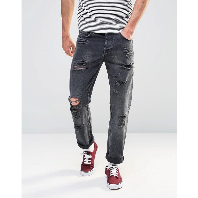 ASOS - Lässige Jeans mit Rissen in verwaschenem Schwarz - Schwarz