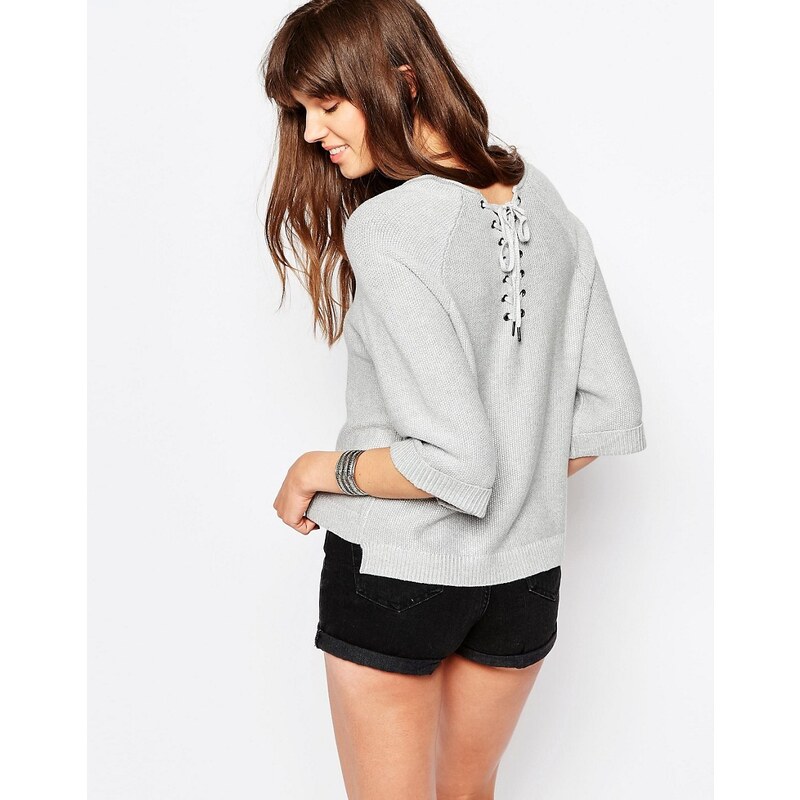 Only - Pullover mit Glockenärmeln und Schnürdesign auf der Rückseite - Grau