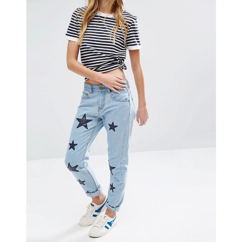 Daisy Street - Mom-Jeans mit applizierten Sternen - Blau