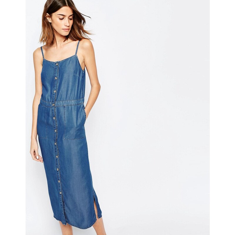 Warehouse - Geknöpftes Jeanskleid mit Trägern - Blau