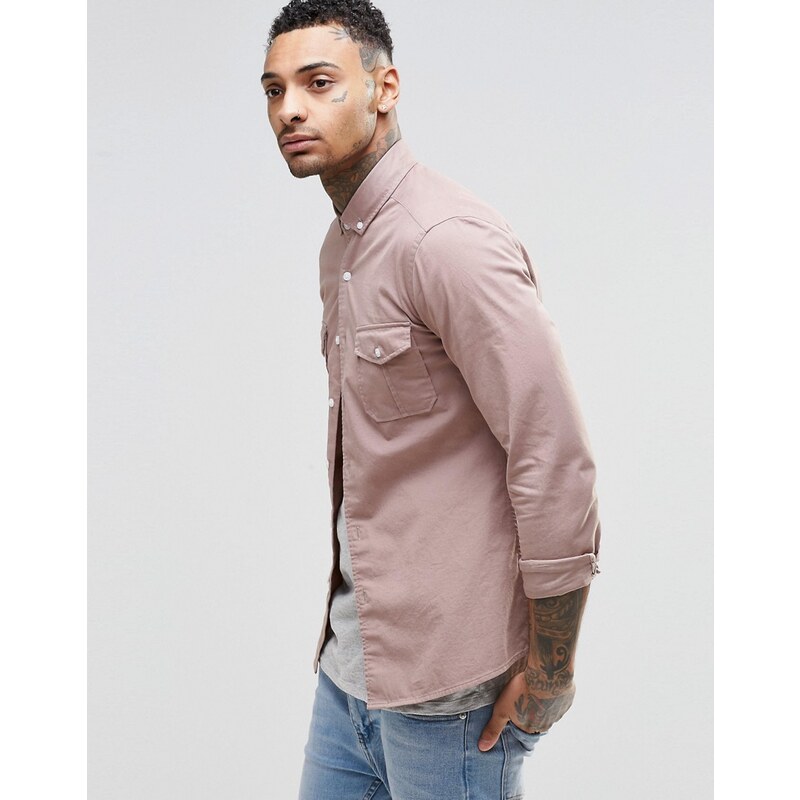 ASOS Skinny Military Shirt With Long Sleeves In Dusty Pink - Rosa
