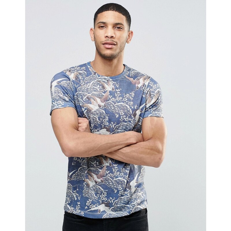 ASOS - Marineblaues T-Shirt in Leinenoptik mit Blumen- und Vogel-Print - Marineblau