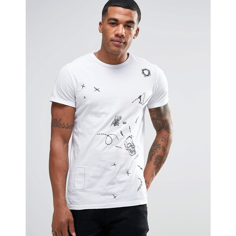 Religion - T-Shirt mit Männchen-Stickerei - Weiß