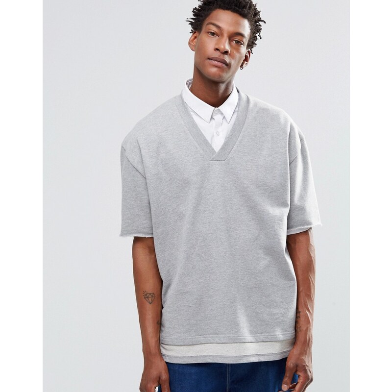 ASOS - Langes, kurzärmliges Oversize-Sweatshirt mit zweilagigem Saum - Grau