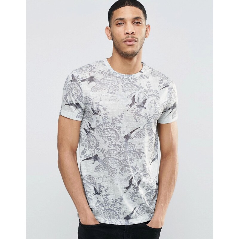 ASOS - T-Shirt in Ecru mit Blumen- und Vogel-Print in Leinen-Optik - Weiß