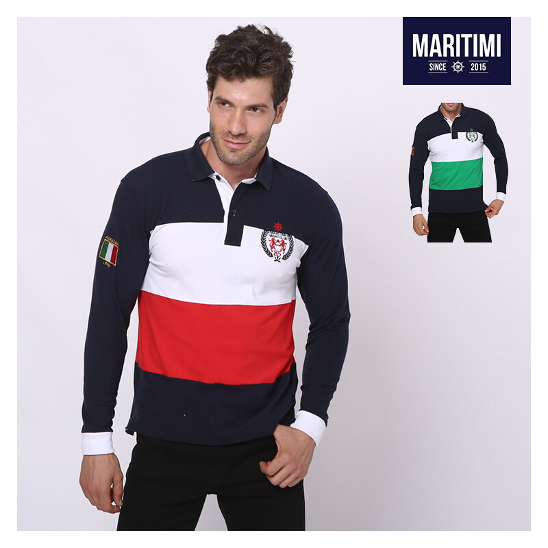 Maritimi Langarm-Poloshirt mit maritimen Streifen - Dunkelrot - M