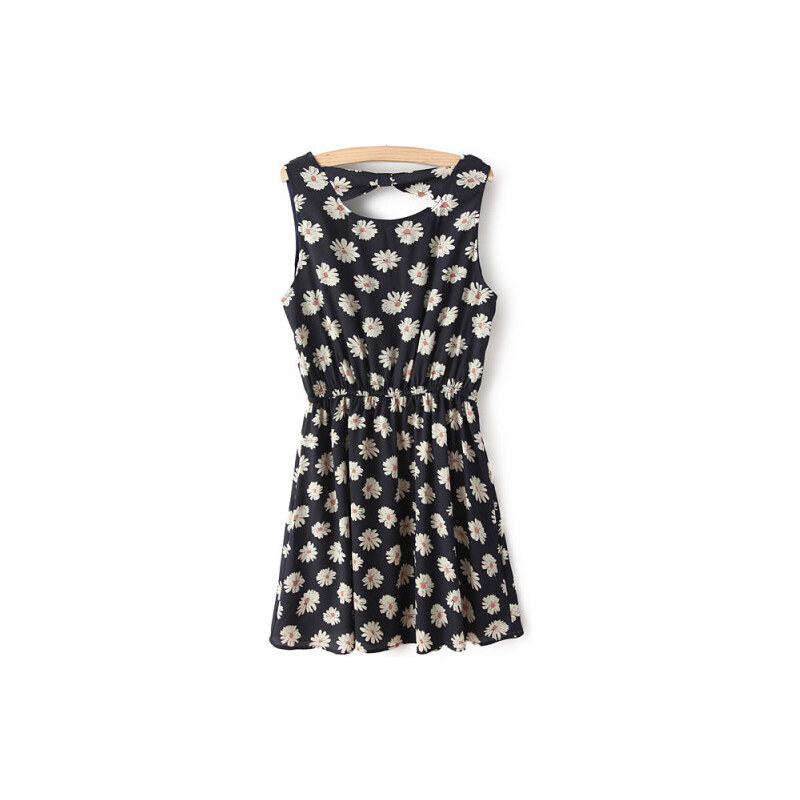 SheInside Navy Sleeveless Floral Backless Pleated Dress