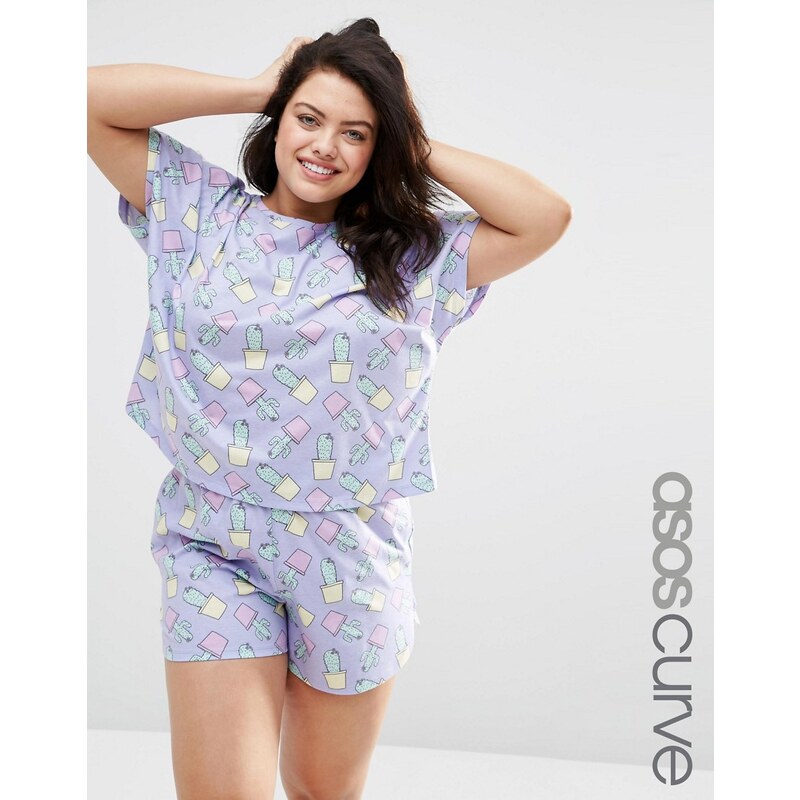 ASOS CURVE - Pyjama-Set mit T-Shirt und Shorts mit buntem Kaktus-Print - Mehrfarbig