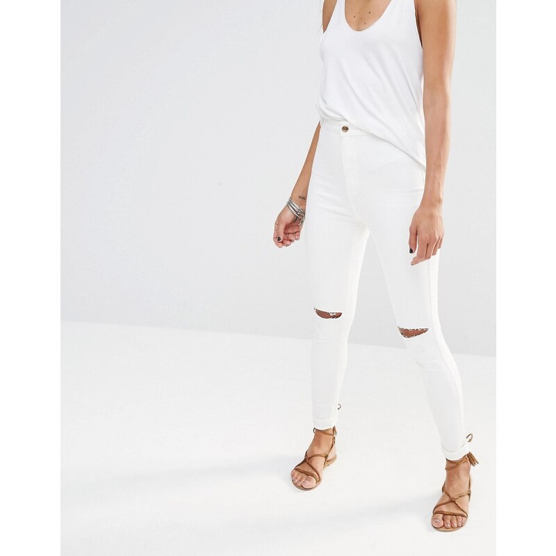 Missguided - Vice - Enge Super-Stretch-Jeans mit hohem Bund und Knierissen - Weiß