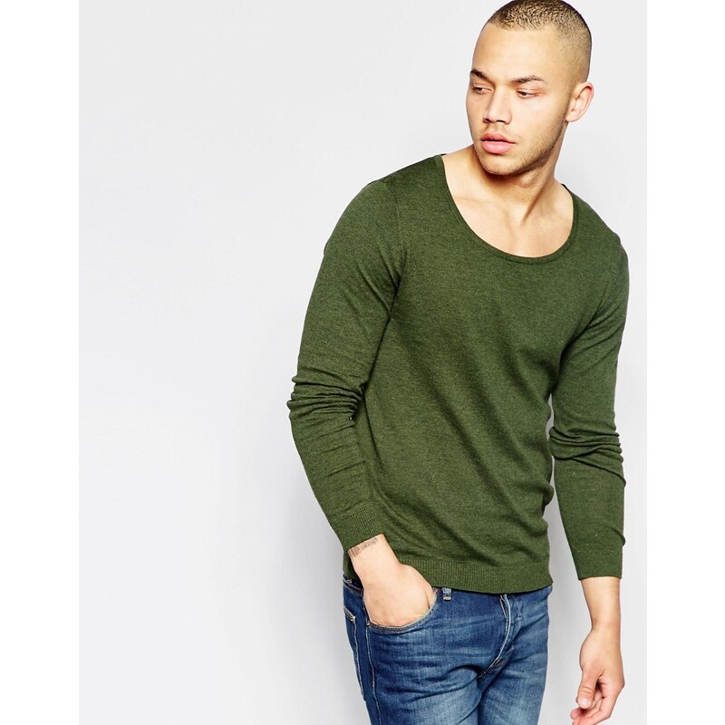 ASOS - Baumwoll-Pullover in Khaki mit U-Ausschnitt - Grün