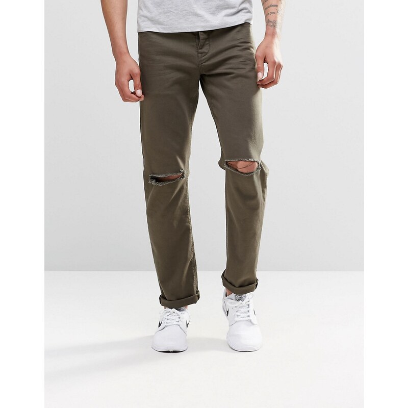 ASOS - Schmale Stretch-Jeans in Khaki mit Knierissen - Grün