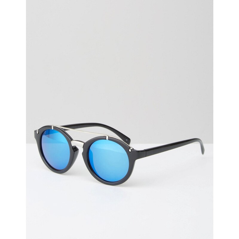 Jeepers Peepers - Runde Sonnenbrille in Schwarz mit Brauensteg und Spiegelgläsern - Schwarz