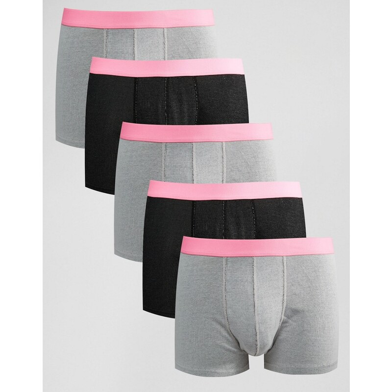 ASOS - Unterhosen aus Rippstoff mit Neon-Taillenbund, 5er-Pack - Grau