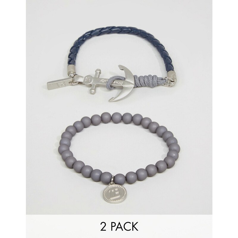 Icon Brand - 2er Pack Perlenarmbänder mit Anker - Marineblau