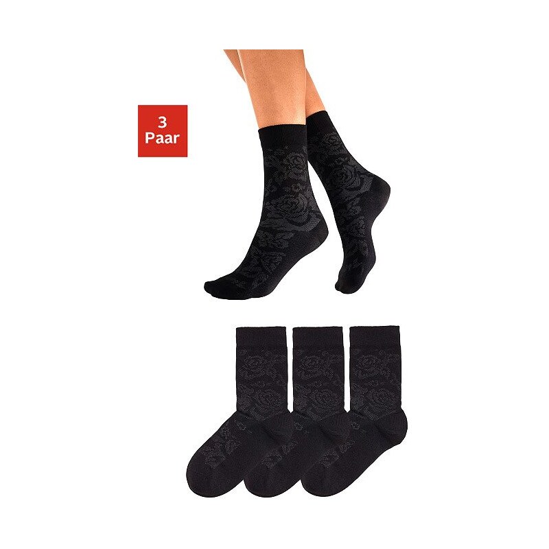 Große Größen: Tom Tailor Socken (3 Paar) mit Rosenmuster, 3x schwarz, Gr.35-38-39-42