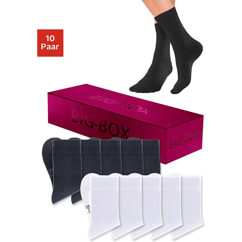 Große Größen: Socken in der Big-Box (10 Paar) mit druckfreiem Bündchen, 5x weiß + 5x schwarz, Gr.35-38-39-42