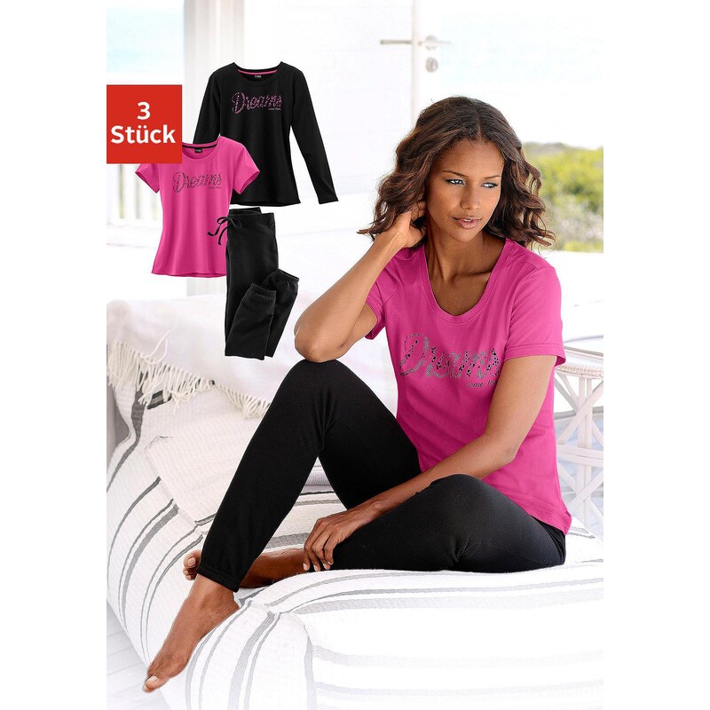 Große Größen: Vivance Dreams Pyjama Set (3 tlg.) mit T-Shirt, Langarmshirt & Hose, pink-schwarz, Gr.32/34-56/58