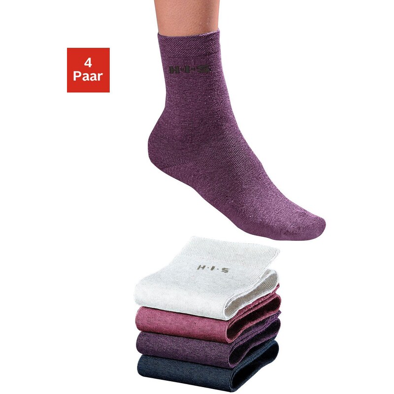 Große Größen: H.I.S Socken (4 Paar) ohne einschneidendes Bündchen, weiß + himbeer + lila + marine, Gr.35-38-39-42