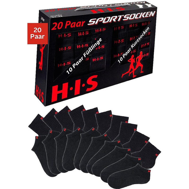 Große Größen: H.I.S Sportive Füßlinge & Kurzsocken (20 Paar) in der Multibox, 20x schwarz, Gr.35-38-43-46