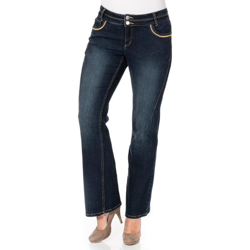 Große Größen: sheego Denim Bootcut-Stretch-Jeans mit Used-Effekten, dark blue denim, Gr.21-104