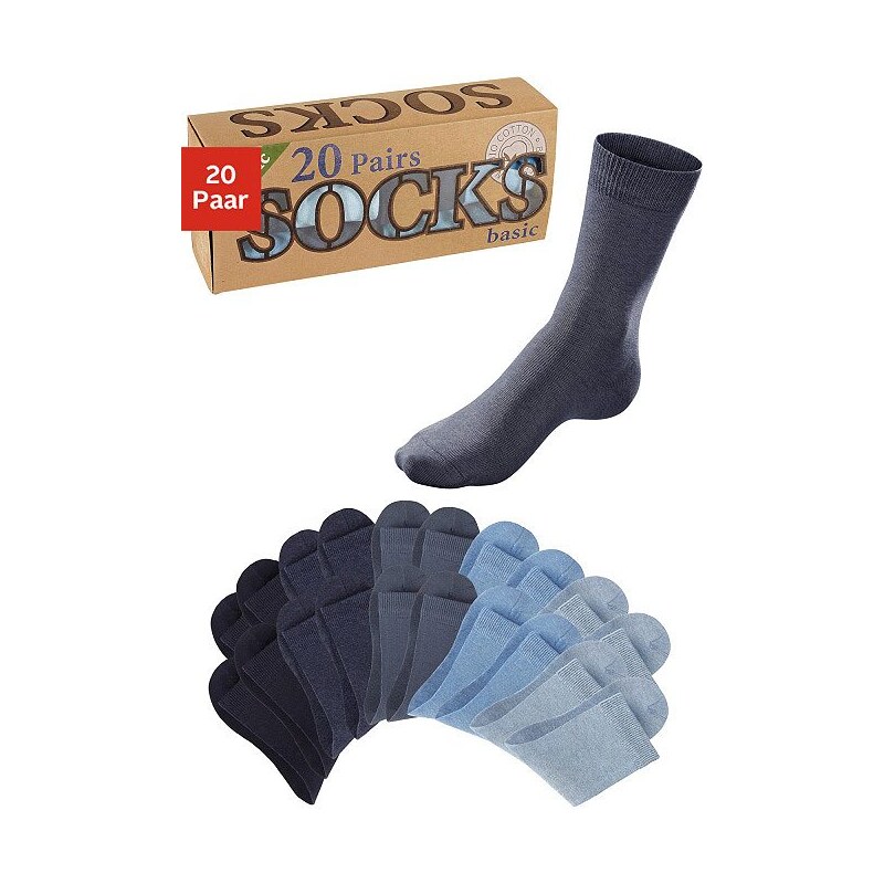 Große Größen: Arizona Basic-Socken (20 Paar) mit flachem Bund in der Box, 4x marine + 4x dunkeljeans + 4x jeans + 4x helljeans + 4x blau, Gr.39-42-47-48