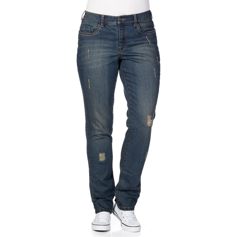 Große Größen: sheego Denim Schmale Stretch-Jeans Kira mit Destroyed-Effekten, blue Denim, Gr.40-58