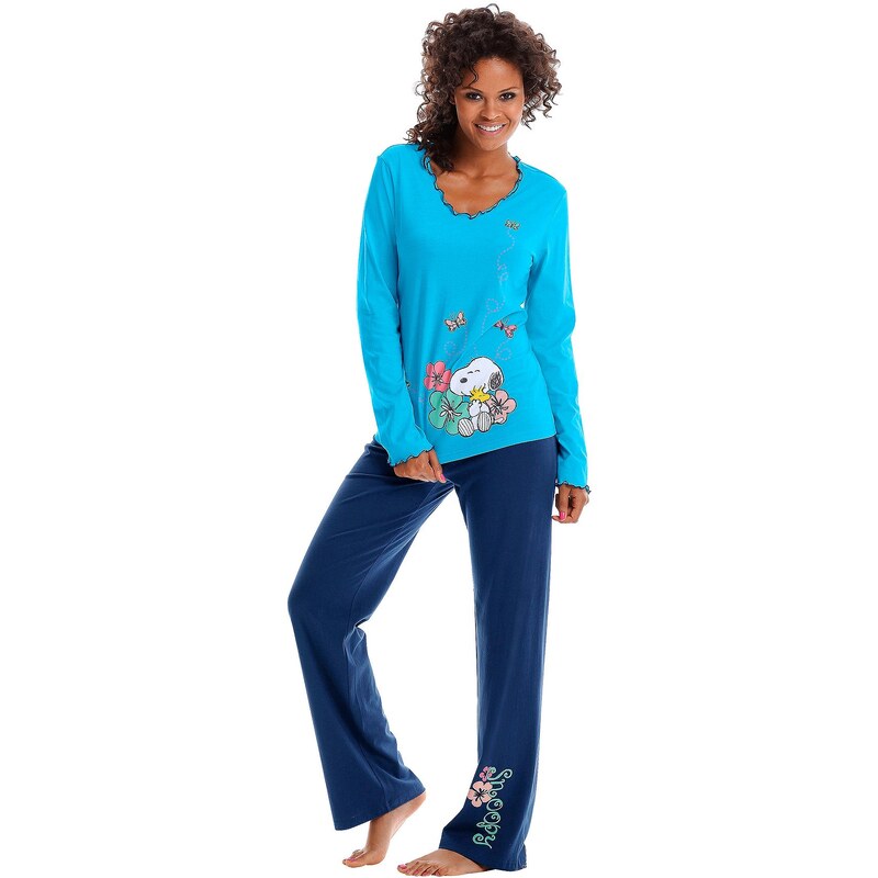 Große Größen: PEANUTS Pyjama mit Snoopyprint & Kräuselrändern, blau-marine, Gr.32/34-44/46