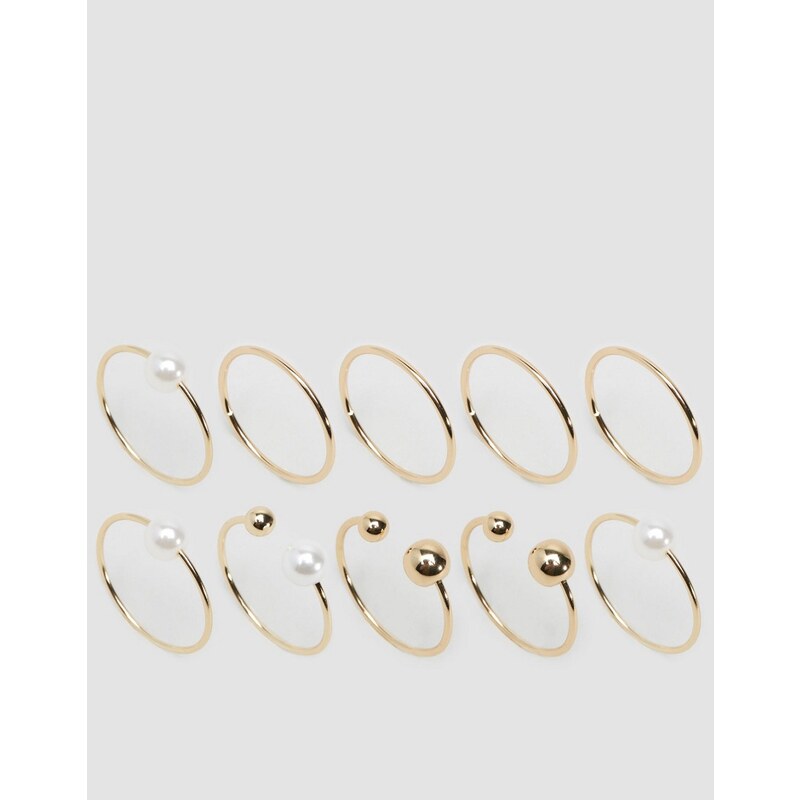 ASOS CURVE - Verschiedene Ringe mit offenem und Kunstperlendesign im 10er-Set - Gold