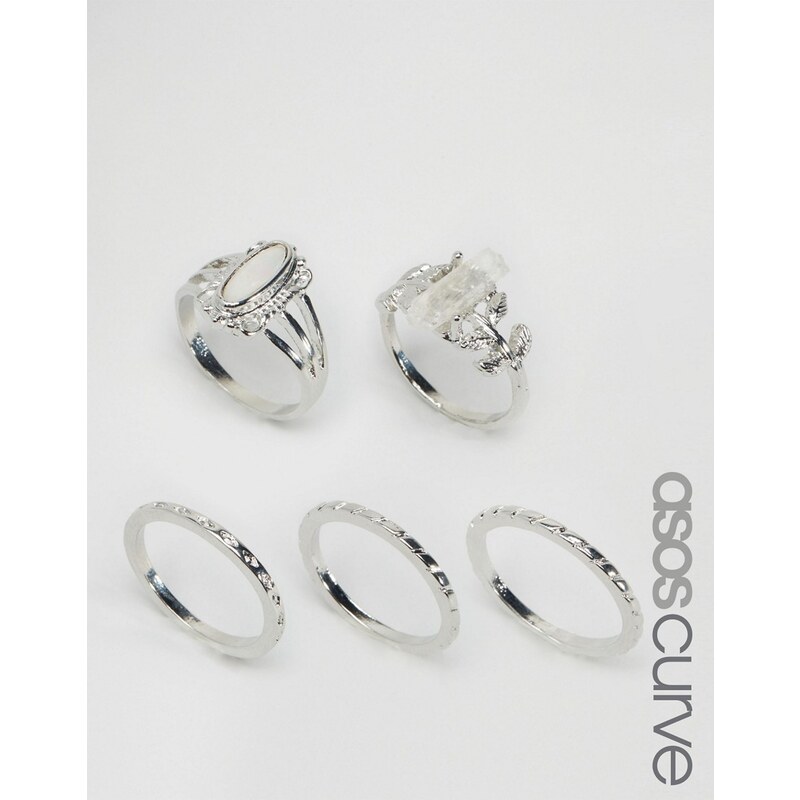 ASOS CURVE - Set mit 5 Ringen mit Kristall & Stein - Silber
