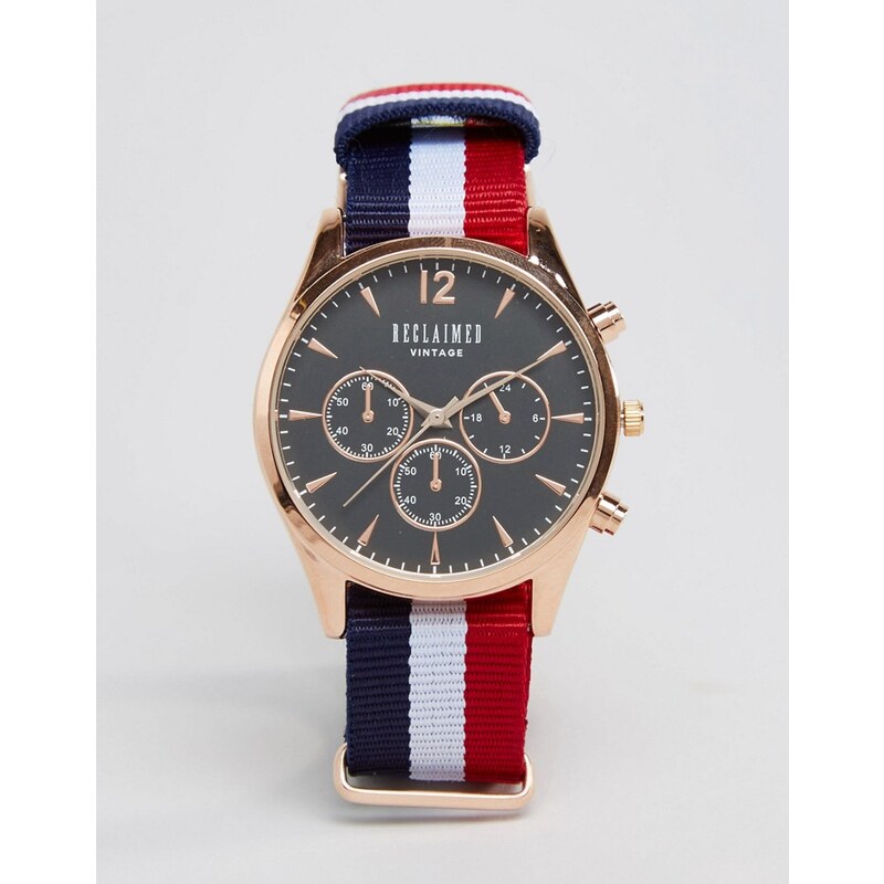 Reclaimed Vintage - Armbanduhr mit schwarzem Zifferblatt und Band aus bunt gestreiftem Leinen - Mehrfarbig