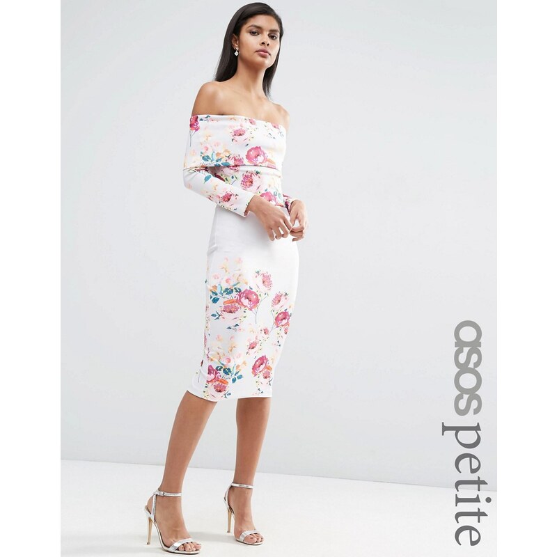 ASOS PETITE - Schulterfreies Kleid mit platziertem Blumenmuster - Mehrfarbig