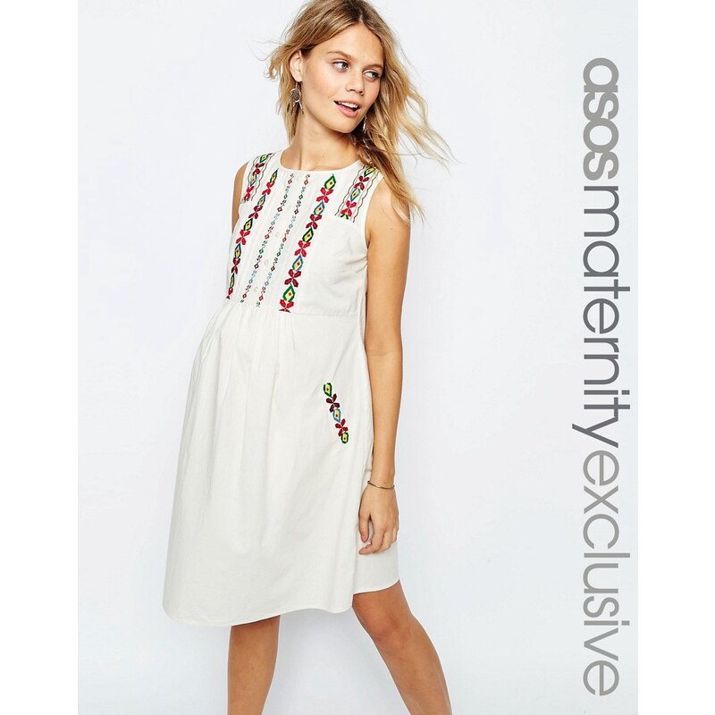 ASOS Maternity - Verziertes Skaterkleid aus Baumwolle mit Taschen - Weiß