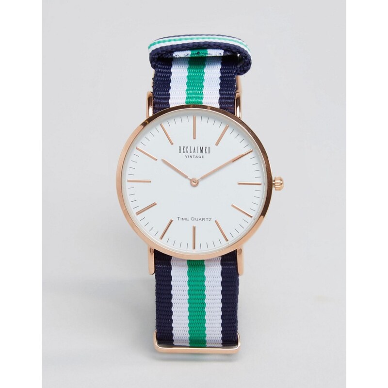 Reclaimed Vintage - Uhr mit gestreiftem Leinenarmband in Marine/Grün - Blau