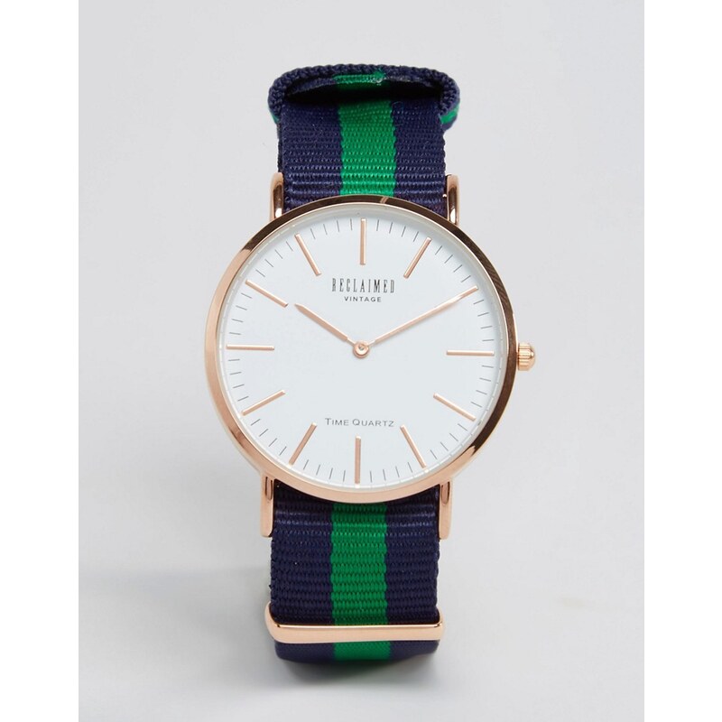 Reclaimed Vintage - Uhr mit gestreiftem Leinenarmband in Marine/Grün - Blau