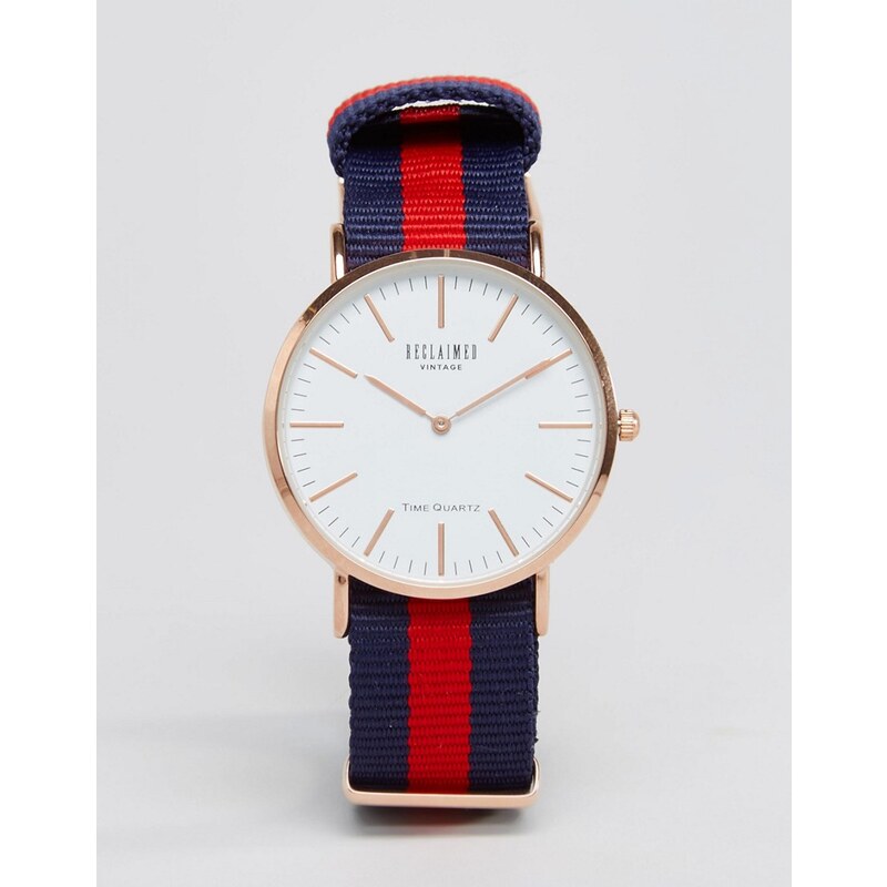 Reclaimed Vintage - Uhr mit gestreiftem Leinenarmband in Marine/Rot - Blau